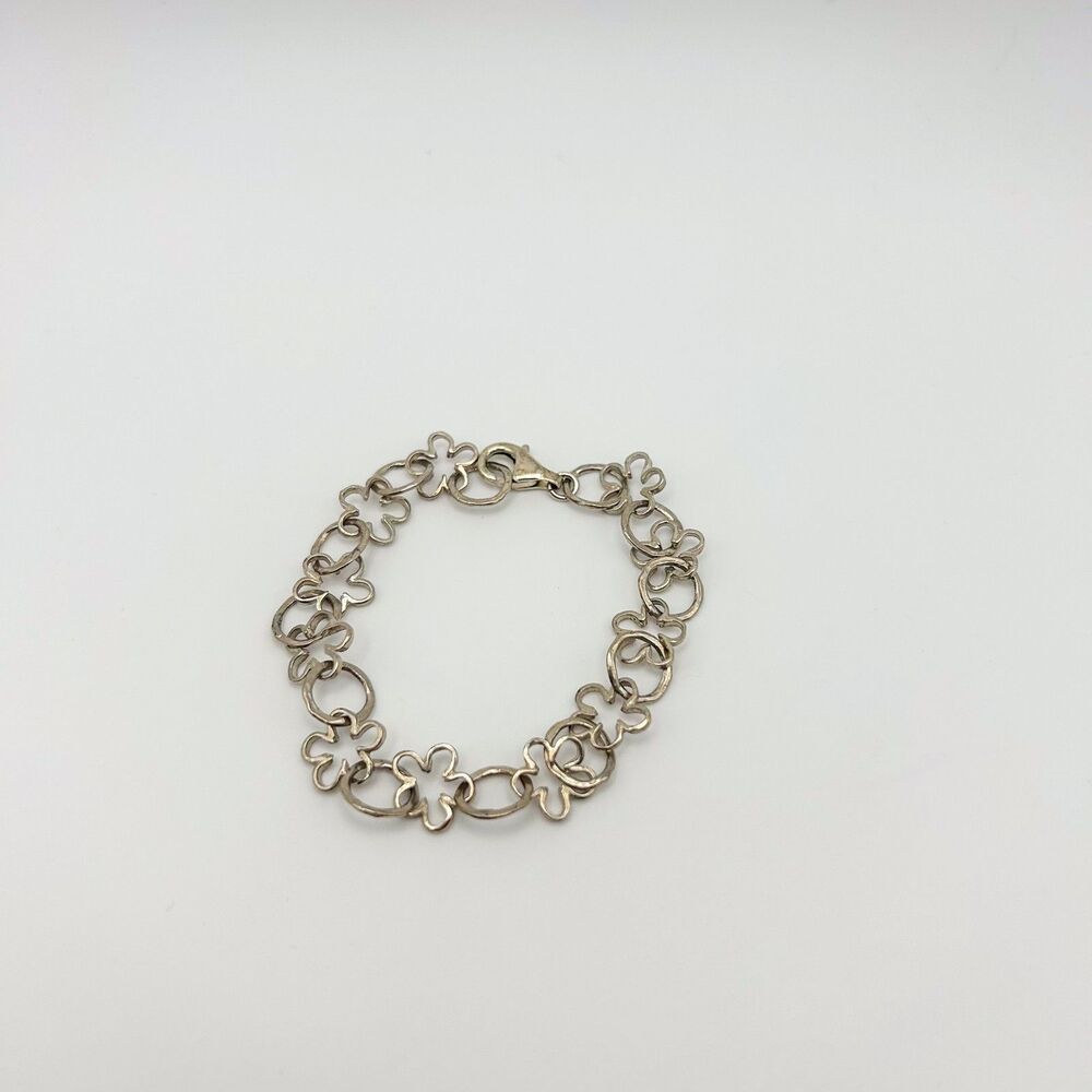 Sterling Silver 925 Plumeria Floral Chain Bracelet Vintage 7"